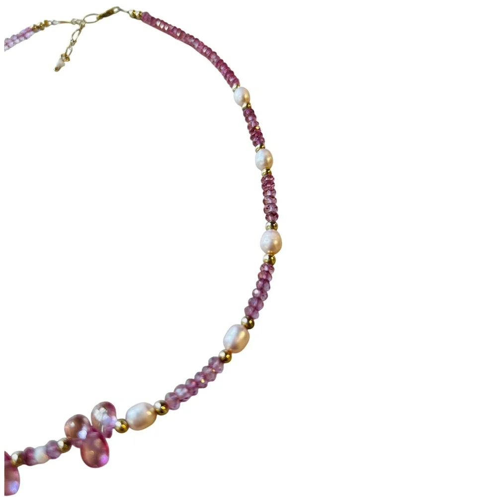 Beaded Necklace Pink Tourmaline Pearl Opal Gold- filled Clasp 16-18